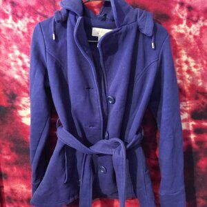 jones new york navy blue hooded winter coat with tie waist button up